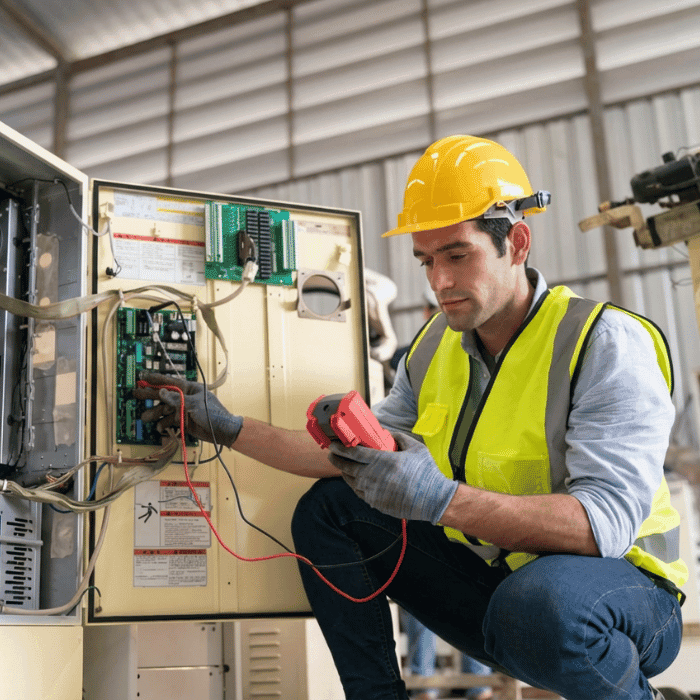 Villanyszerelő sárga védőmellényben és sisakban mér elektromos szekrényen – munkabiztonság Debrecen